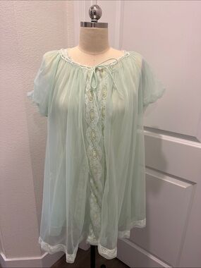 Sheer Mint Green Vintage Nightgown with Lace Trim